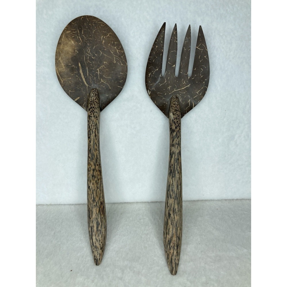 Coconut Shell Salad Utensil Serving Set Spoon Fork 9" & Ladle Spatula 14" NEW